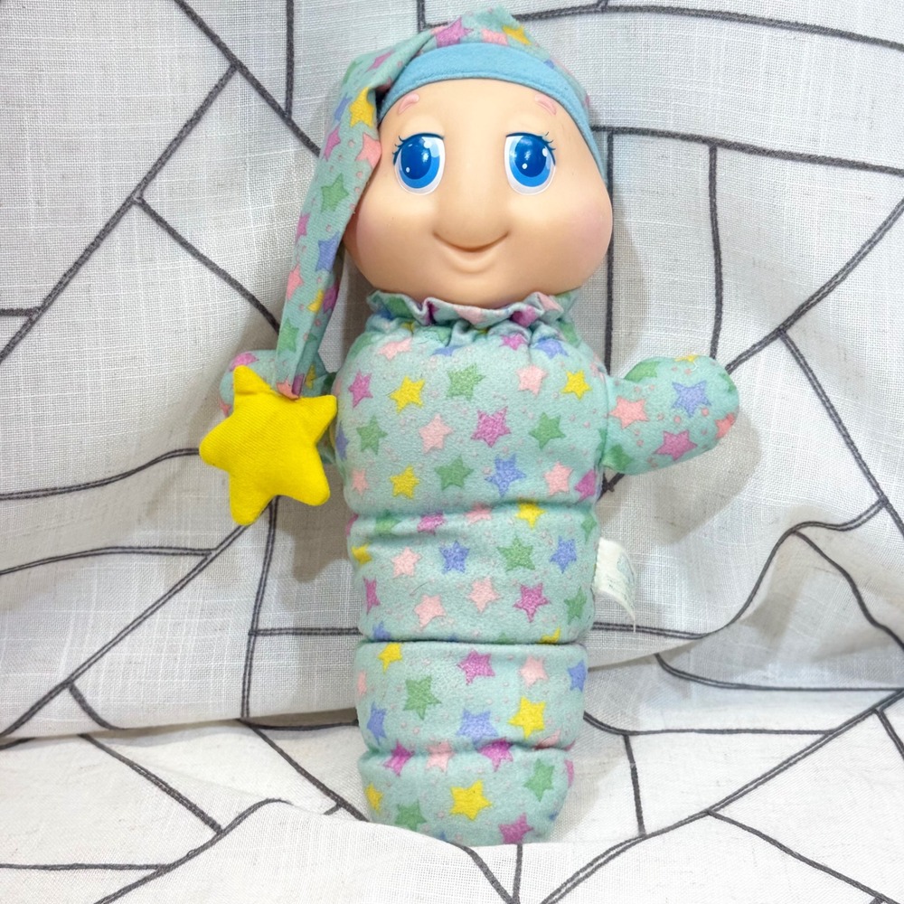 Playskool Glo Worm Plush OS Teal Star Pattern 1988 Vintage Light Up Toy